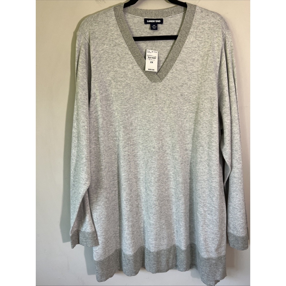 Lands' End Women's Size 2X V-Neck Sweater Tunic 100% Cotton Lightweight Heather